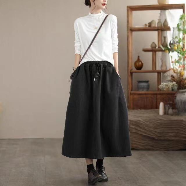 Drawstring Waist Plain Midi A-Line Skirt Product Image