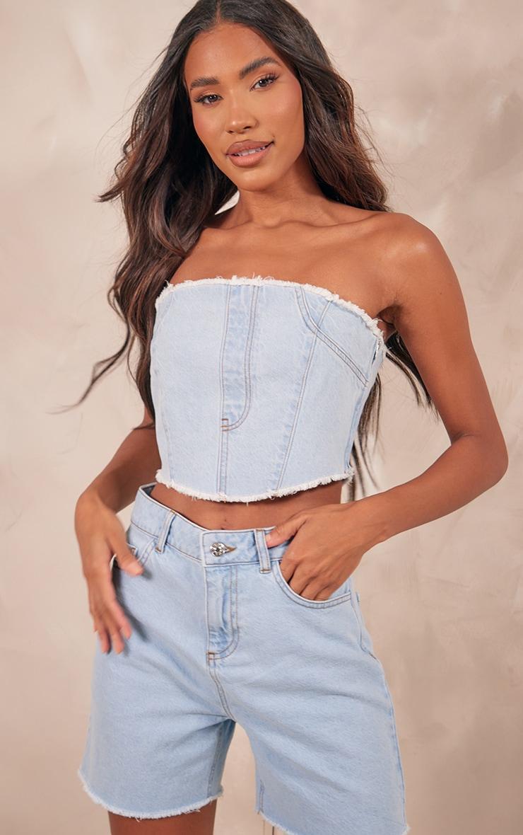 Light Blue Wash Seam Front Raw Edge Denim Bandeau Top Product Image