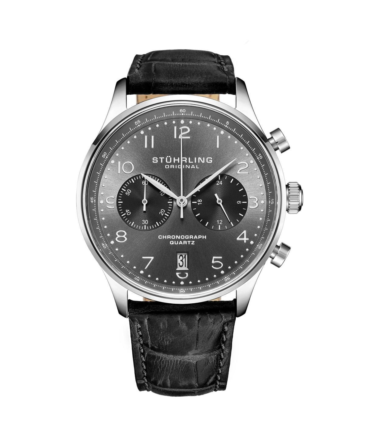 Mens Chrono, Silver Case, Gun Metal Grey Dial Leather Strap Watch - Black Product Image