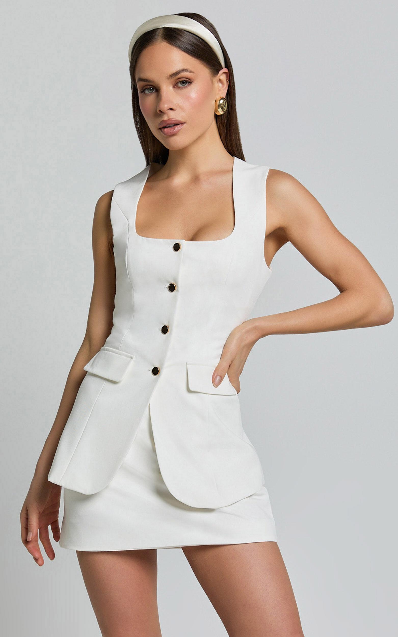 Phyllis Two Piece Set - Tailored Scoop Neck Vest Top and A Line Mini Skirt Set in White product image