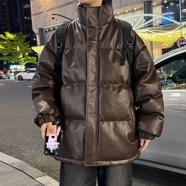 Stand Collar Plain Faux Leather Puffer Jacket Product Image