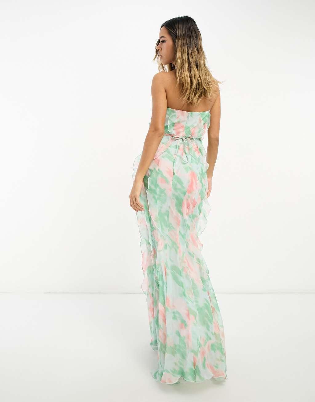 ASOS DESIGN ruffle bandeau maxi dress with tie waist in watercolor print Product Image