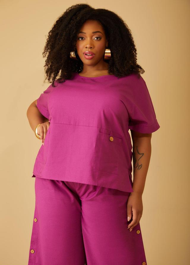 Plus Size Button Detailed Linen Blend Top, - Ashley Stewart Product Image