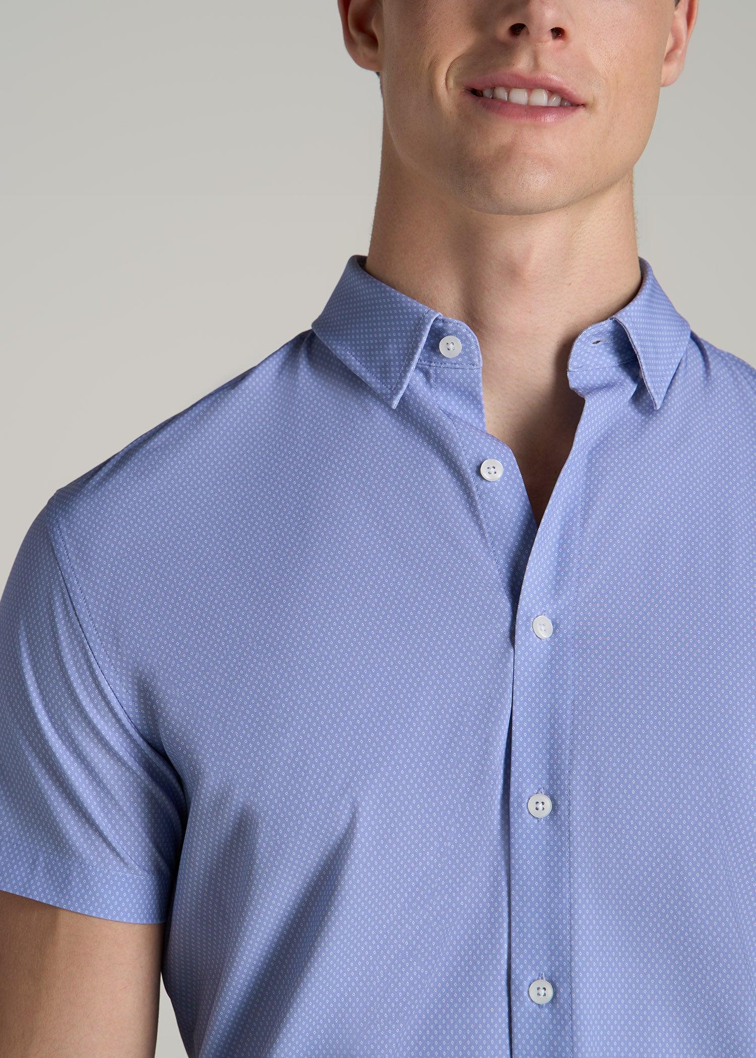 Short Sleeve Traveler Stretch Button Shirt for Tall Men in Blue Diamond Print Product Image