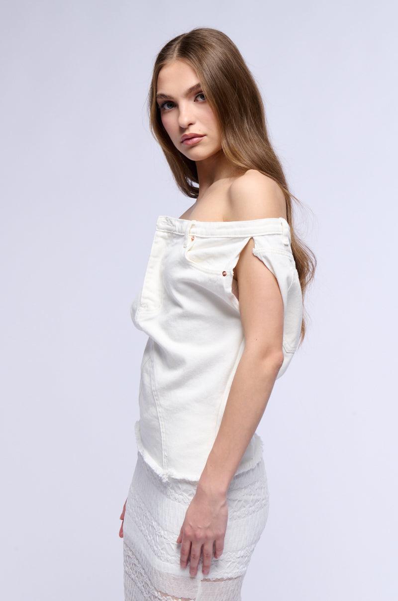 THE WAY I WANT OFF SHOULDER DENIM TOP IN WHITE Product Image