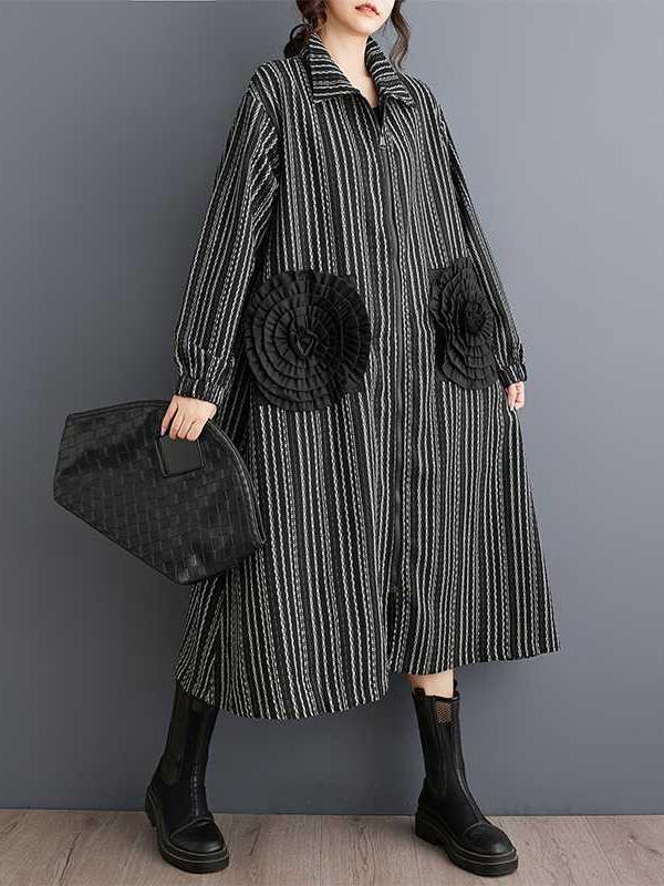 A-Line Long Sleeves Elasticity Pockets Striped Zipper Lapel Midi Dresses Product Image