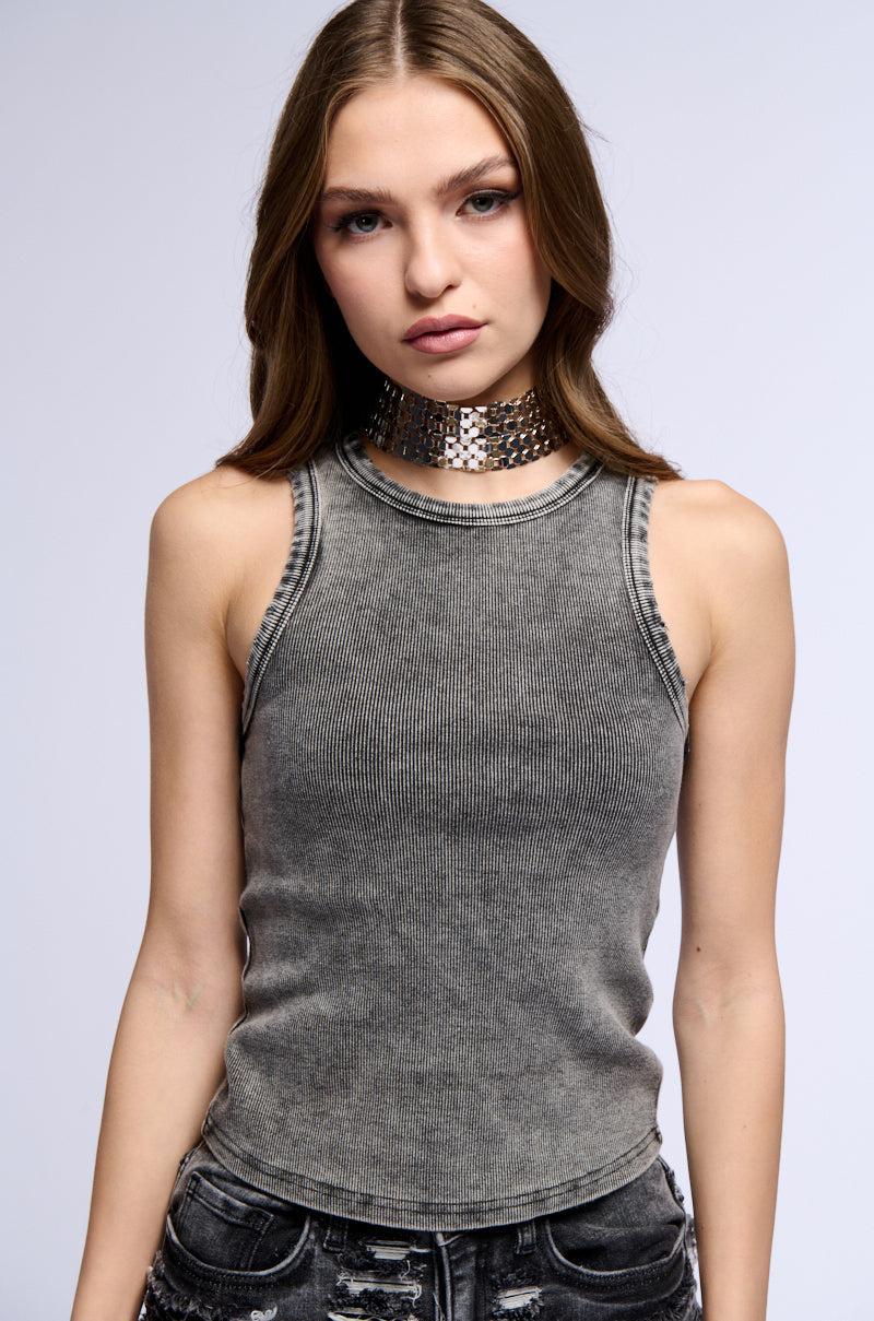 BASIC DISTRESSED MINERAL WASH TANK TOP IN GREY Product Image