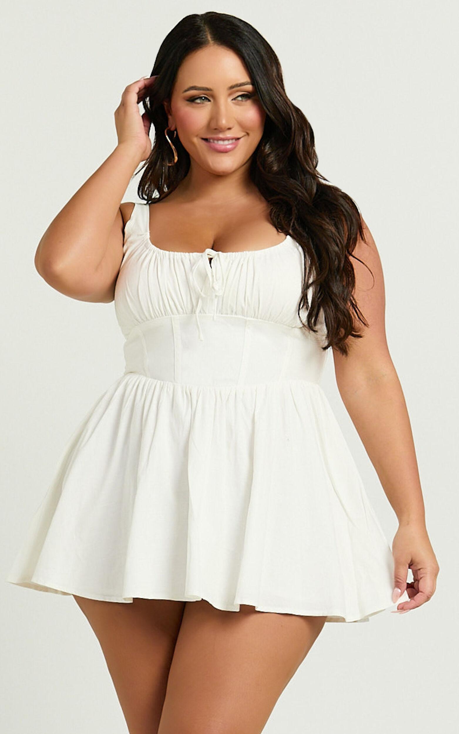 Keegan Mini Dress - Ruched Bust Front Tie Gathered Skirt Dress in White Product Image