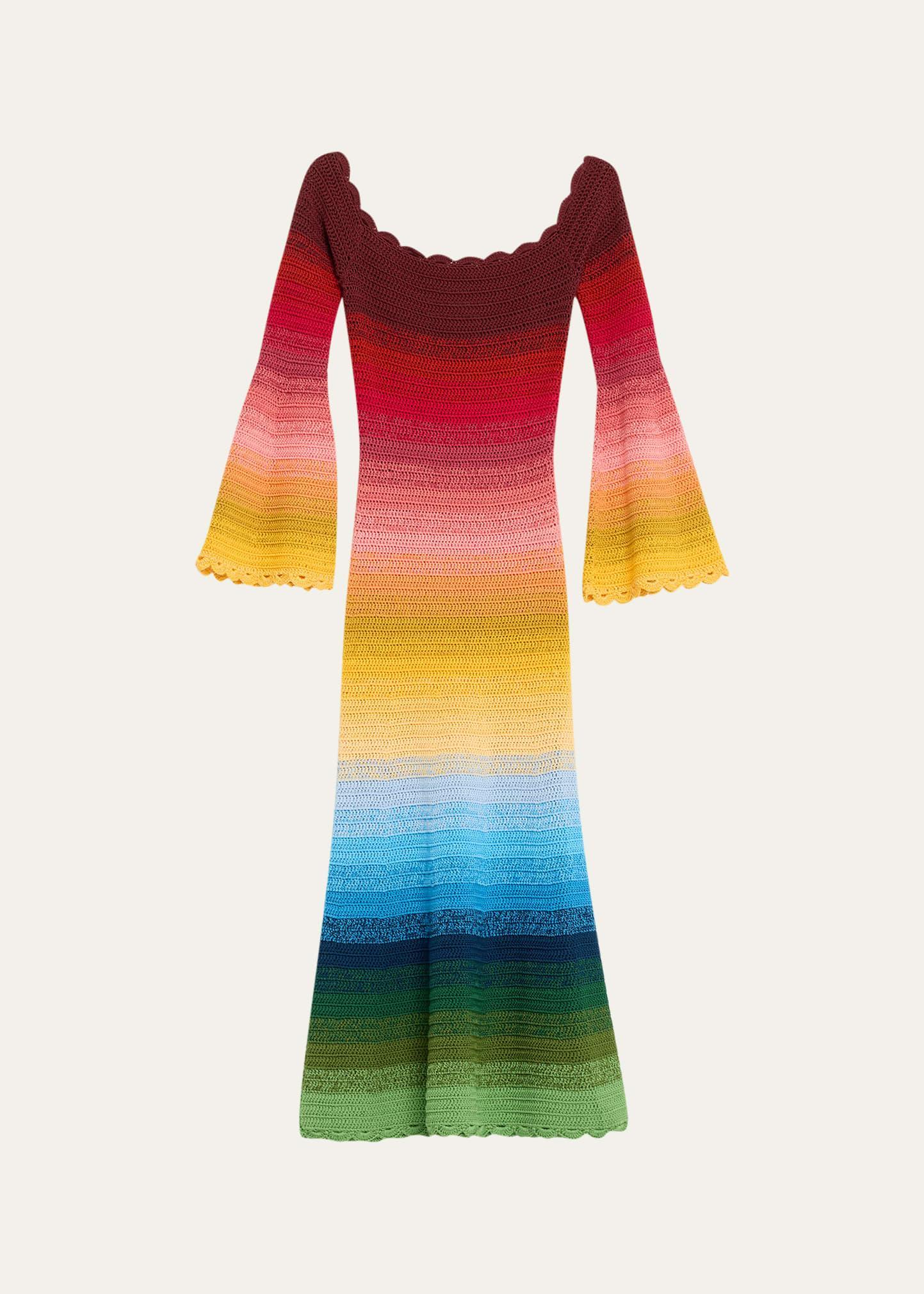 Oscar de la Renta Off Shoulder Rainbow Ombre Crochet Knit Dress in Red,Yellow Product Image