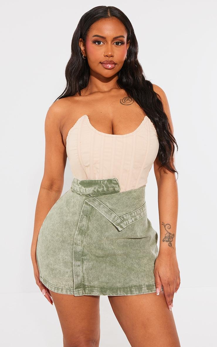 Shape Green Washed Denim Foldover Waist Mini Skirt Product Image