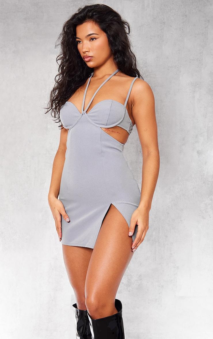  Grey Woven Tailored Cut Out Split Detail Strappy Shift Dress Product Image