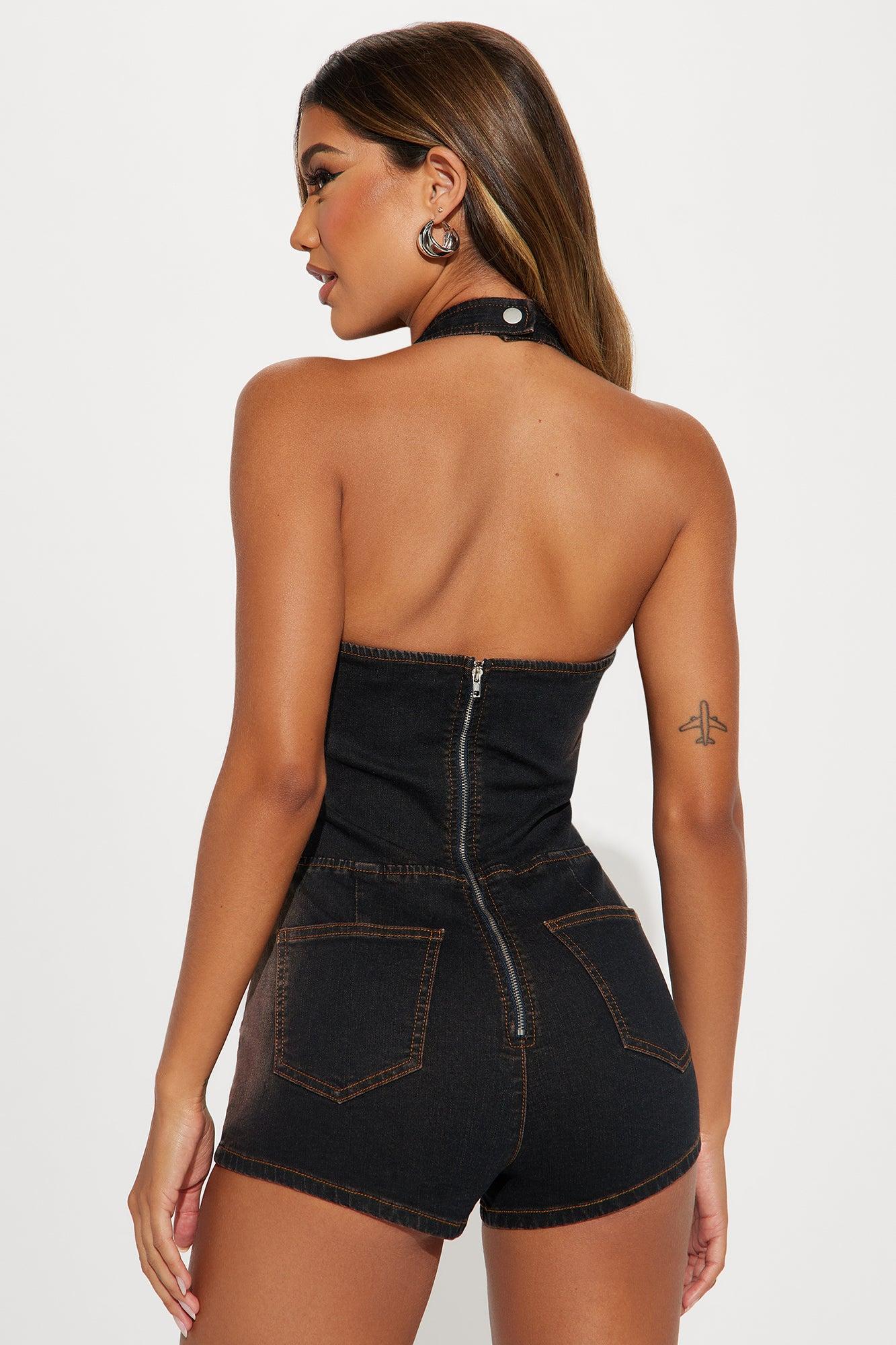 Strong Attraction Denim Romper - Dark Wash Product Image