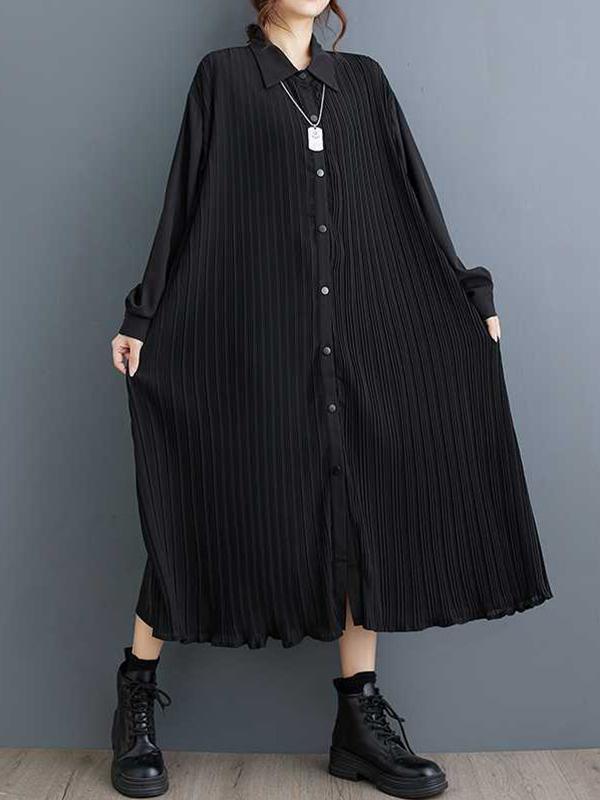 A-Line Long Sleeves Buttoned Pleated Pockets Split-Joint Lapel Midi Dresses Shirt Dress Product Image