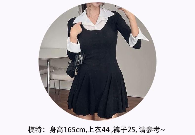 Long-Sleeve Collar Two Tone Mock Two-Piece Mini A-Line Dress Product Image