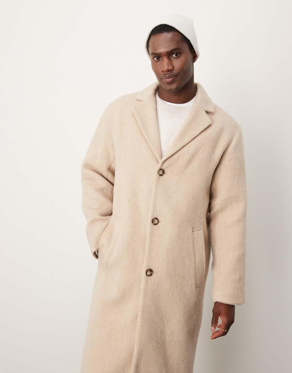 ASOS DESIGN brushed wool look overcoat in stone Product Image