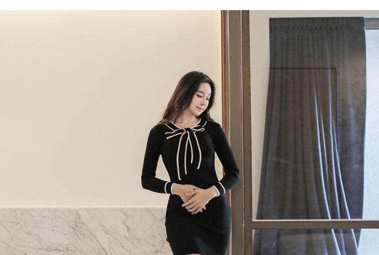 Long-Sleeve Ribbon Neck Plain Knit Mini Bodycon Dress Product Image