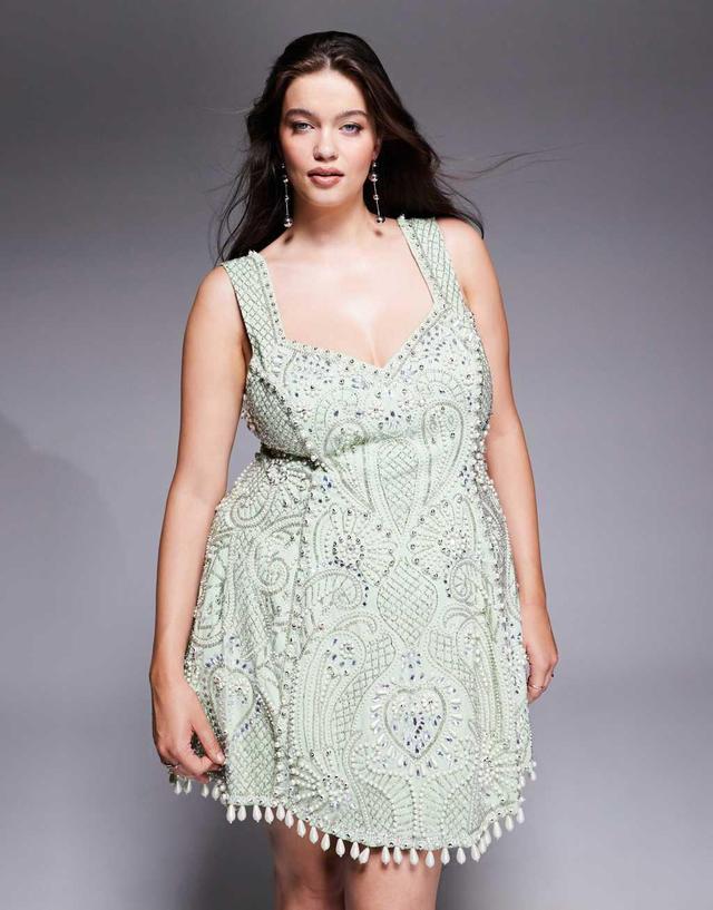 ASOS LUXE Curve embellished cotton sweetheart caged mini dress in sage green Product Image