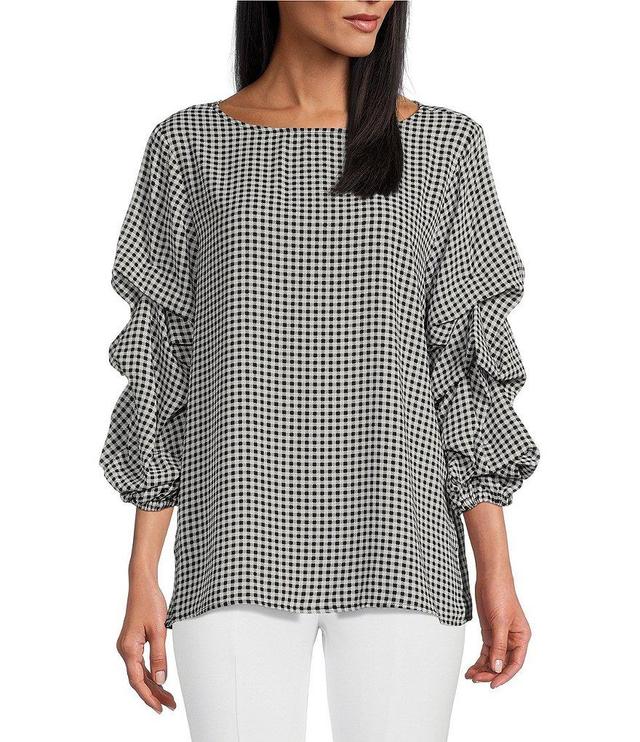 Slim Factor by Investments Black Gingham Print Boat Neck Three Tier Sleeve Top Product Image