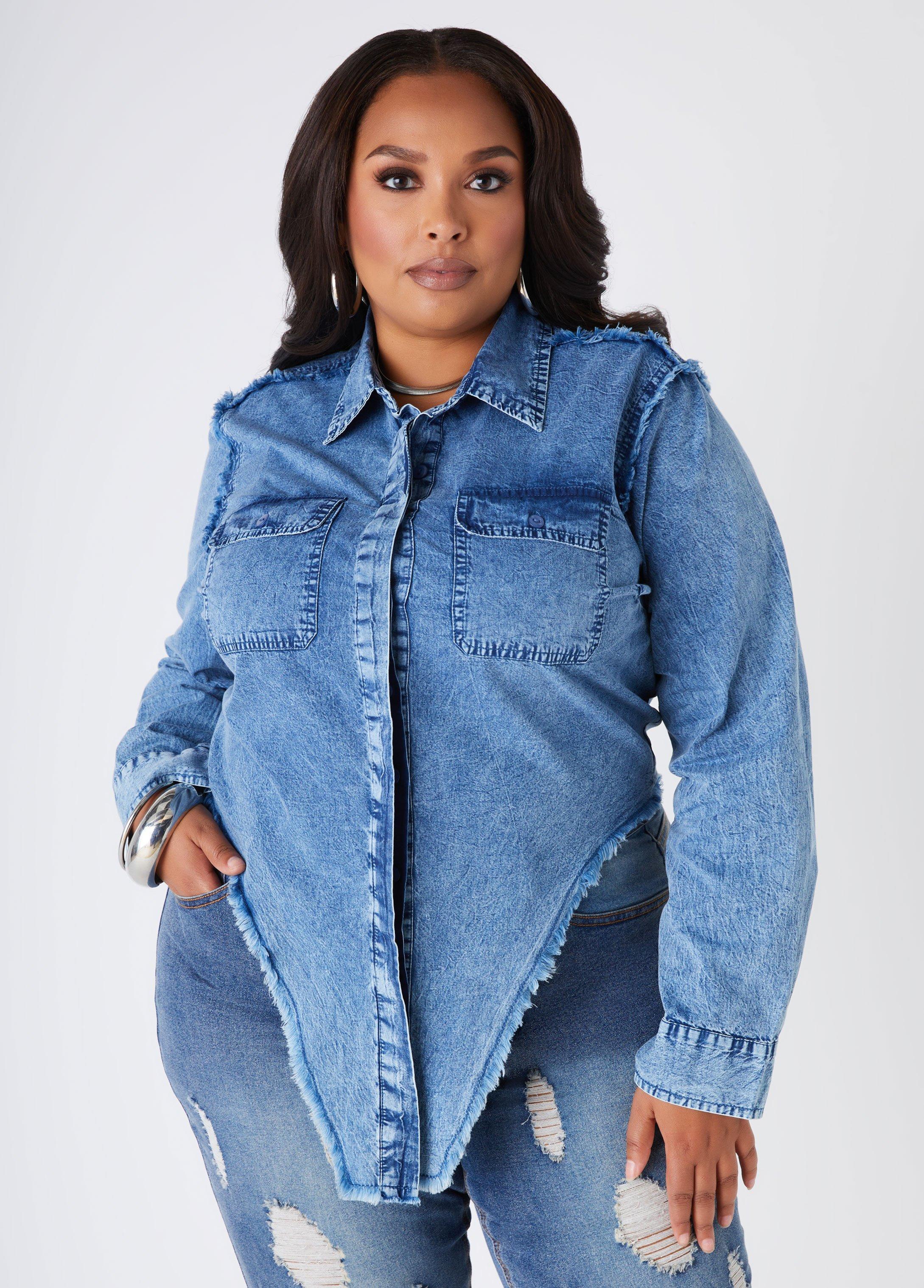 Plus Size V Cut Stonewash Chambray Shirt Ashley Stewart Product Image