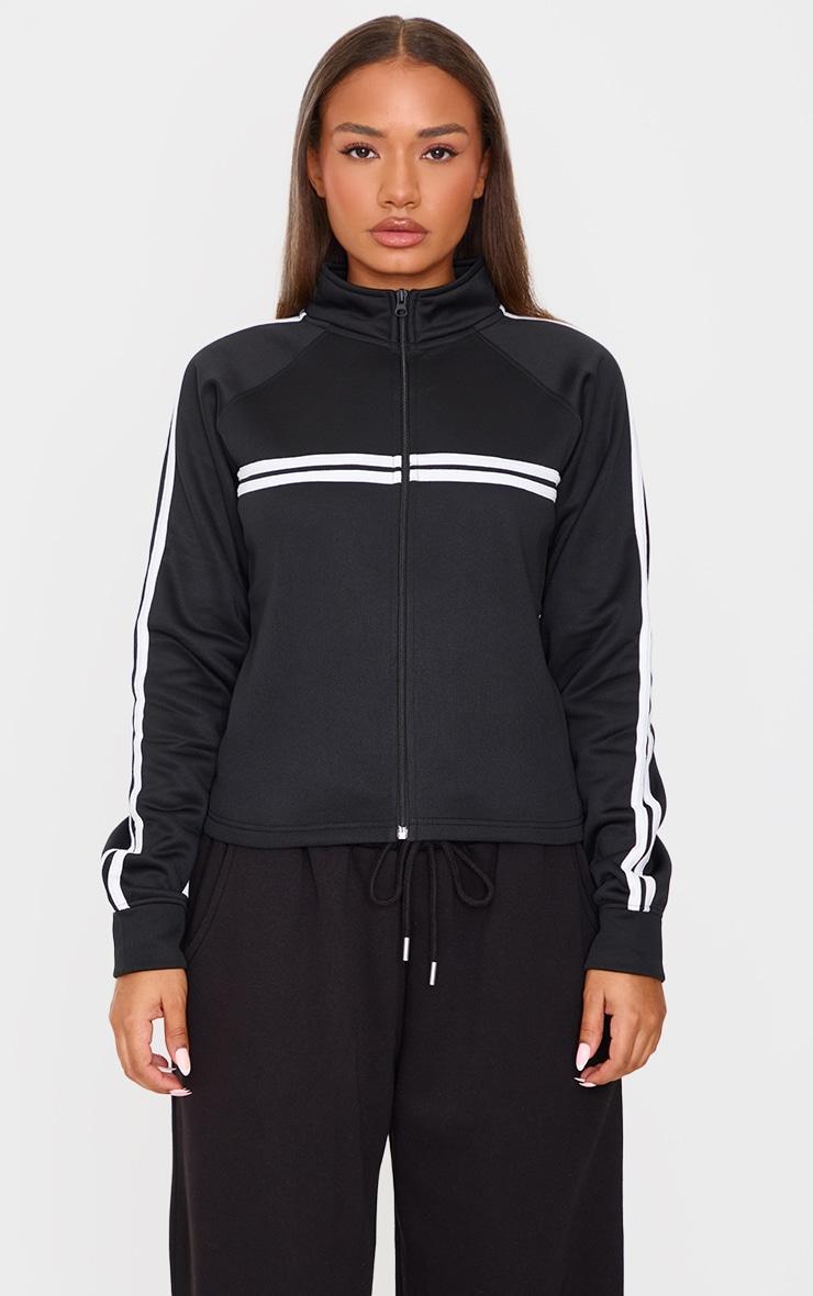 Petite Black Stripe Detail Zip Up Track Jacket Product Image