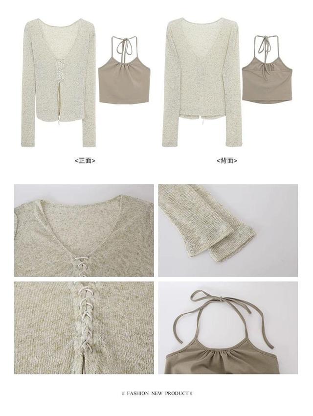 Set: Long-Sleeve Lace-Up Crop Top + Cami Top Product Image