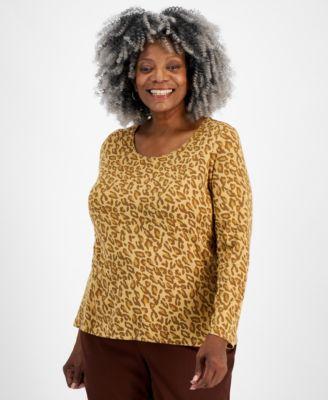 Plus Size Printed Scoop-Neck Long-Sleeve Top, Created for Macy's product image