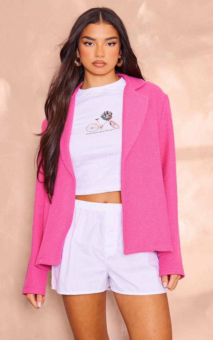  Hot Pink Textured Oversized Structured Minimal Blazer Product Image