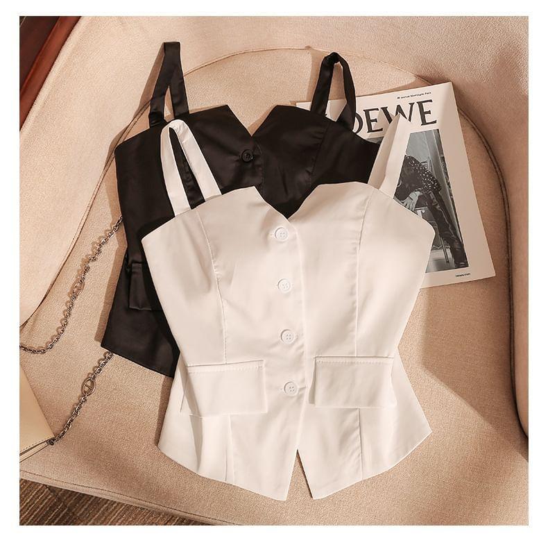 Sleeveless V-Neck Plain Button Down Cropped Vest Product Image