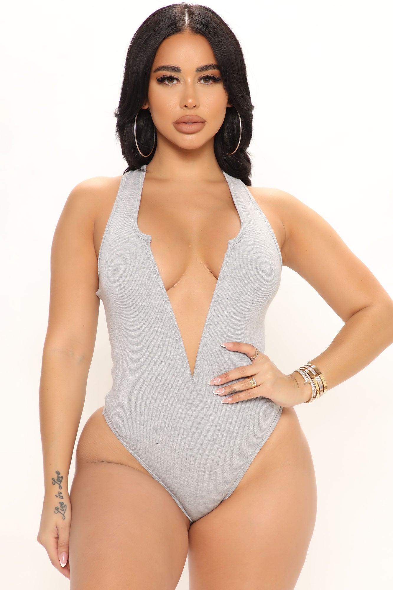 Deep Connections Ribbed Bodysuit - Heather Grey Product Image