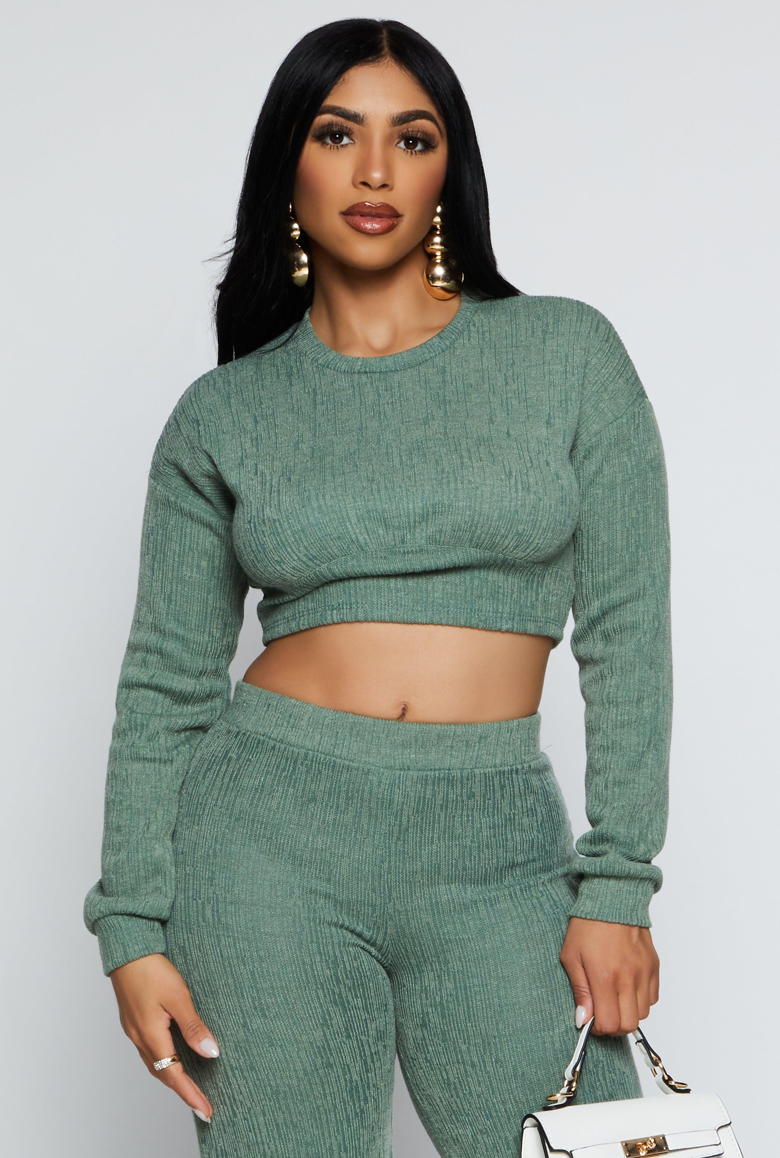 Womens Textured Brushed Knit Long Sleeve Crop Top product image