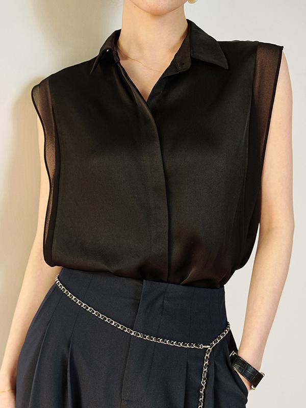 Loose Sleeveless Buttoned Solid Color Split-Joint Lapel Blouses&Shirts Tops Product Image