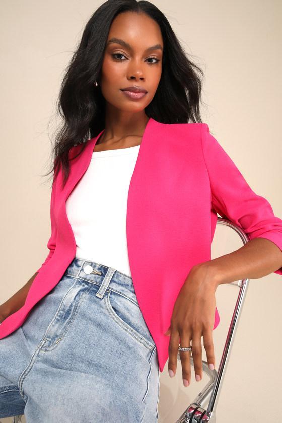 Punctual Perfection Fuchsia Pleated Lightweight Blazer Product Image