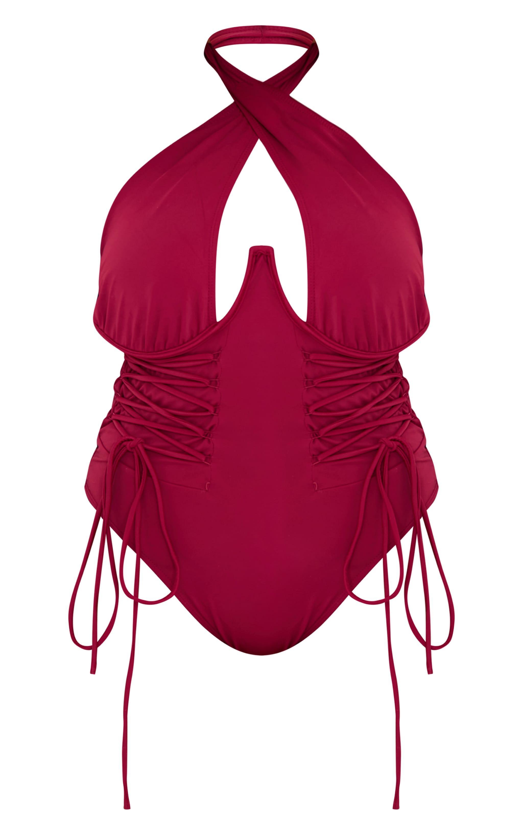 Plus Berry Lace Up Halterneck High Leg Swimsuit Product Image