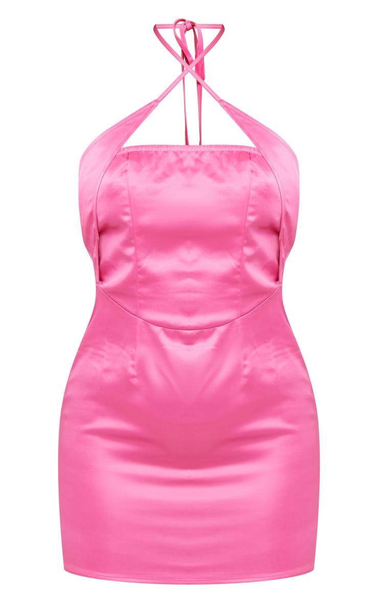 Hot Pink Satin Cross Neck Detail Bodycon Dress Product Image