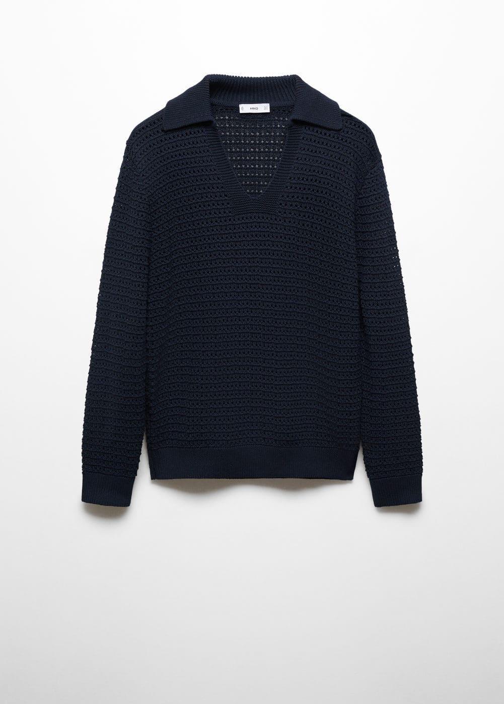 MANGO MAN - Openwork knit polo neck sweater dark navyMen Product Image