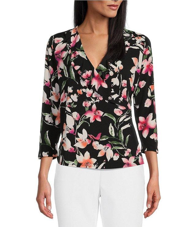 Investments Knit Black Floral Harmony 3/4 Sleeve Ruffle V-Neck Faux Wrap Top Product Image