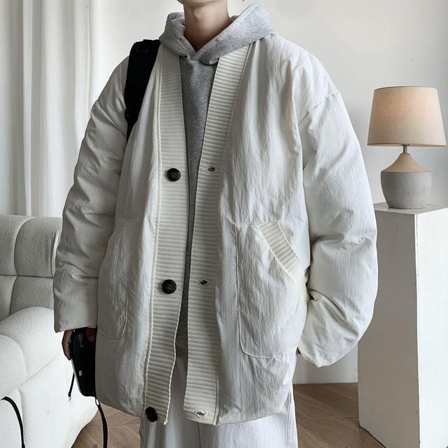 V-Neck Button-Up Padded Jacket Product Image