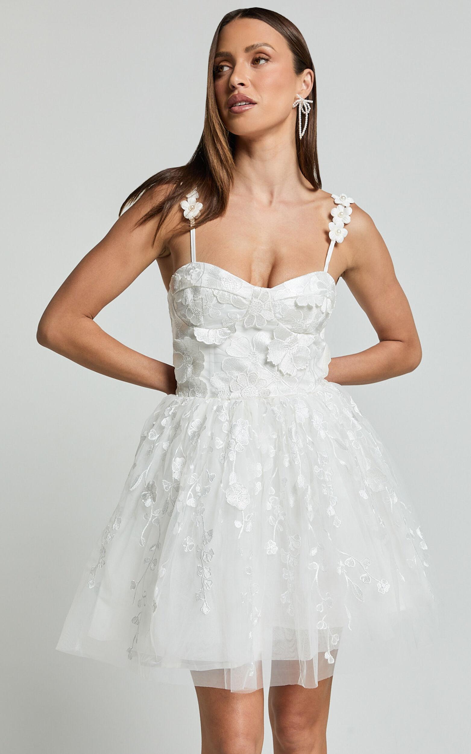 Everheart Mini Dress - Sweetheart Bustier Lace Dress in White Product Image