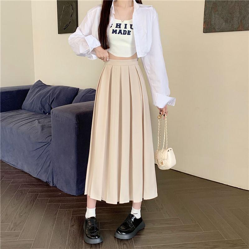 High Waist Plain Pleated Midi A-Line Skirt product image