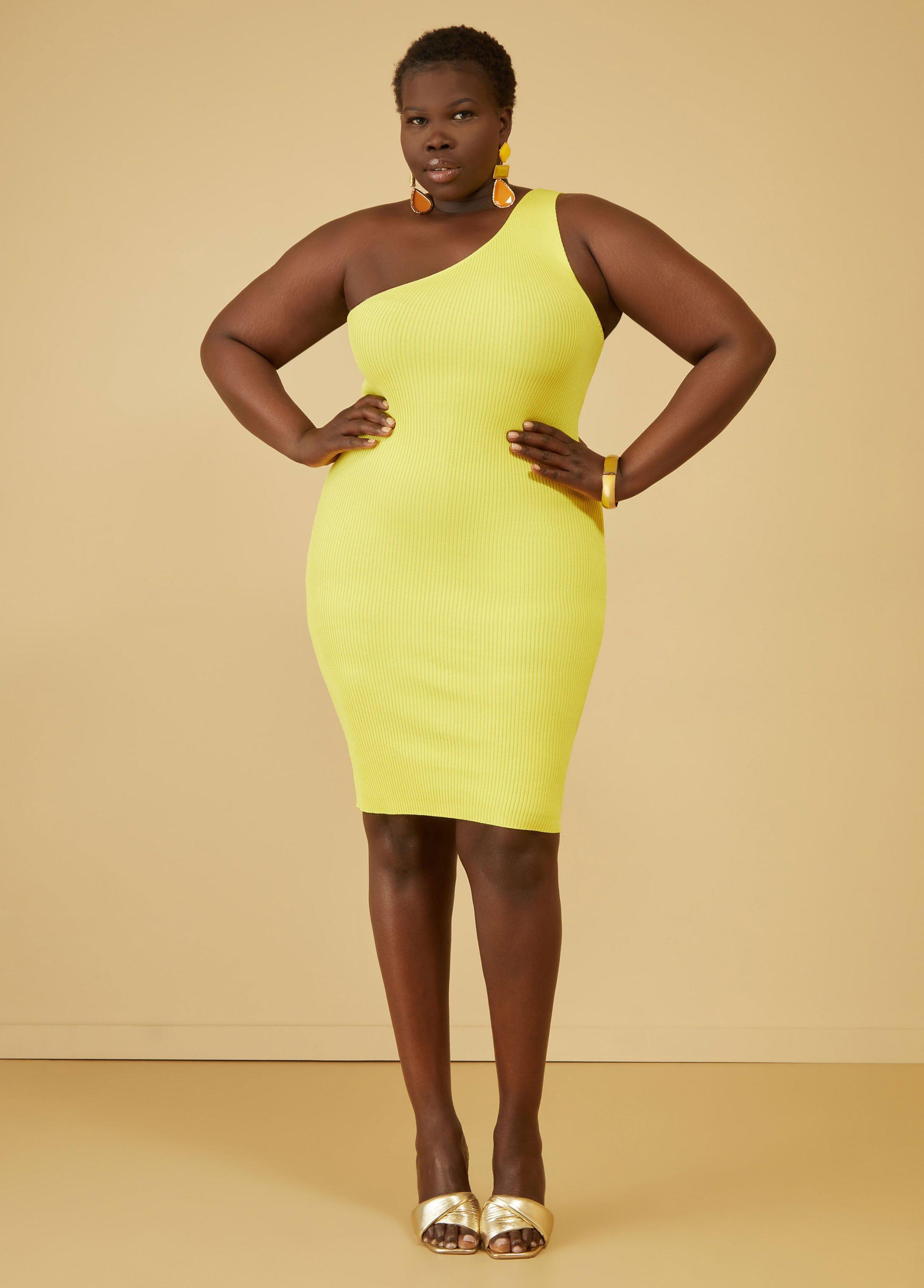 Plus Size One Shoulder Ribbed Bodycon Dress Ashley Stewart Product Image