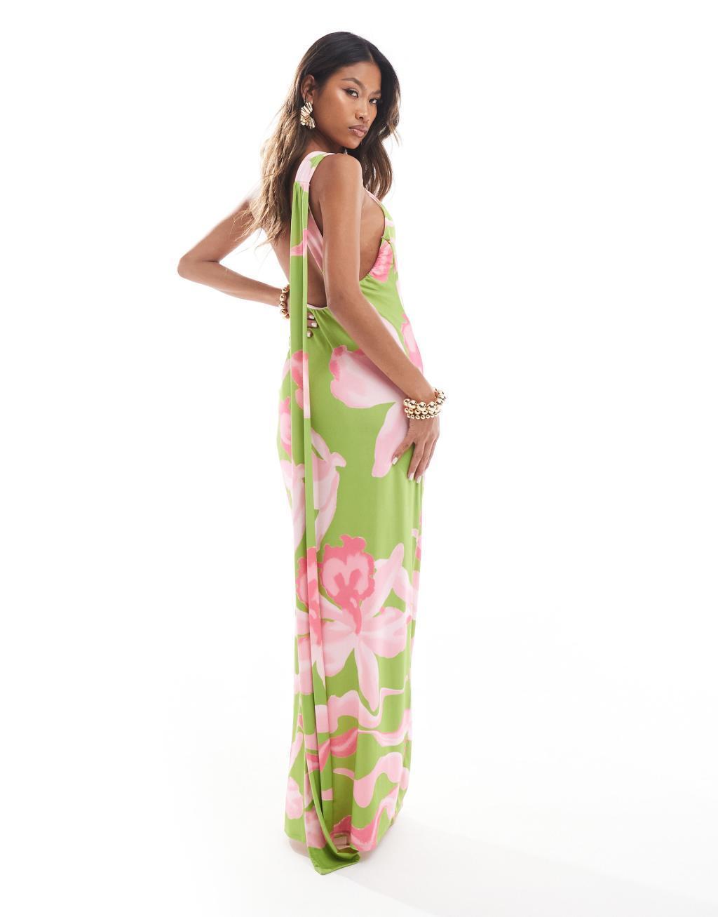 ASOS DESIGN one shoulder knot maxi dress with scarf back detail in oversized green floral print Product Image