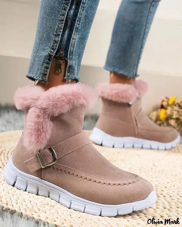 Olivia Mark – Lined Buckle Fuzzy Trim Snow Boots Product Image