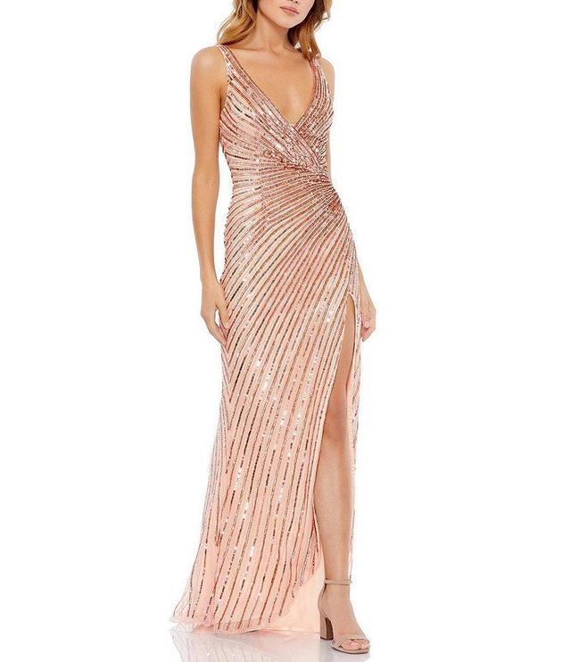 Mac Duggal Sequin V-Neck Sleeveless Thigh High Slit Gown Product Image