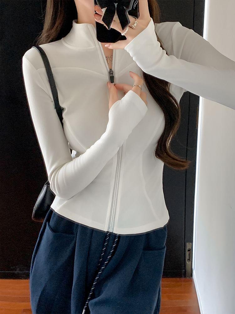 Stand Collar Plain Zip-Up Crop Jacket Product Image