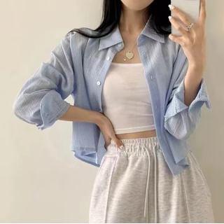 Long-Sleeve Striped Button-Up Crop Shirt Product Image