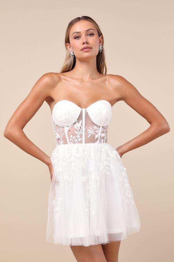 Marvelously Lovely White Tulle Embroidered Strapless Mini Dress Product Image