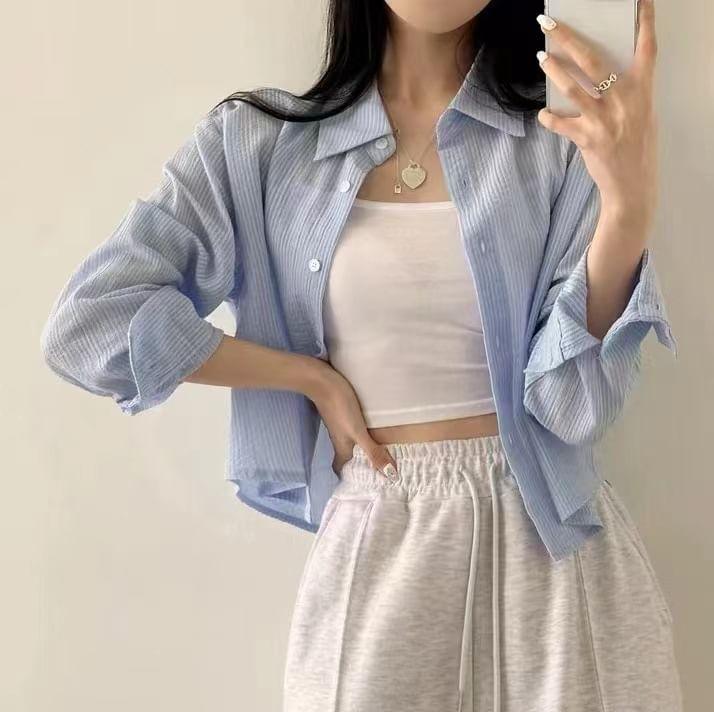 Long-Sleeve Striped Button-Up Crop Shirt Product Image