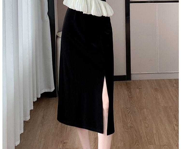 Set: Long-Sleeve Two Tone Velvet Asymmetrical Top + High Rise Midi Skirt Product Image