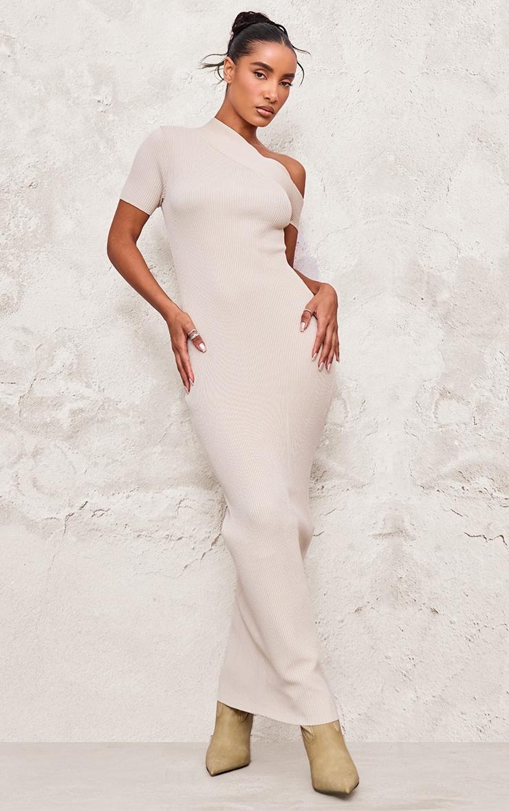 Oatmeal Rib Knit Asymmetric Neck Ruched Side Maxi Dress Product Image