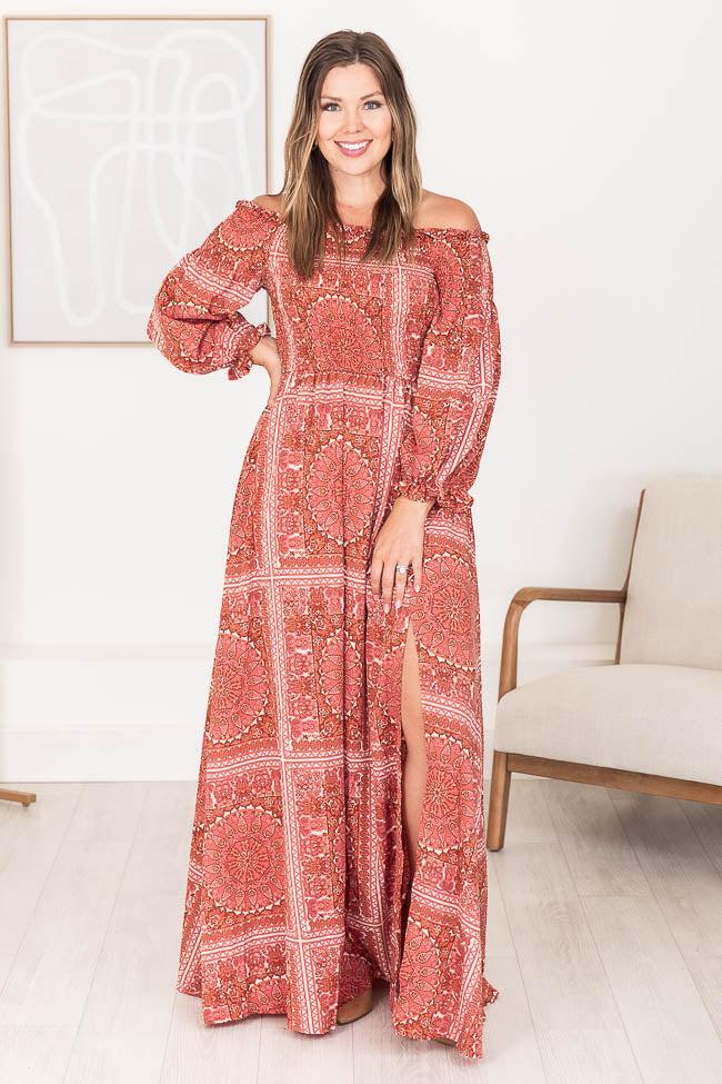 Sounds In My Mind Brick Smocked Bust Off The Shoulder Printed Maxi Dress Product Image